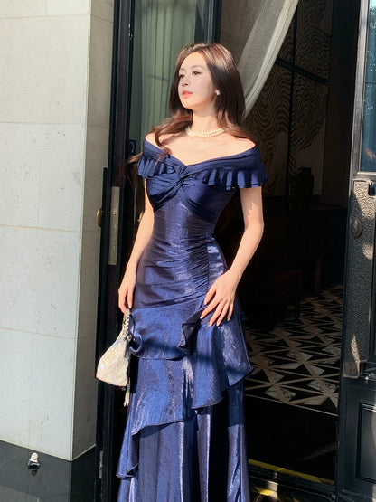 Elegantes, schulterfreies, marineblaues langes Meerjungfrauen-Abendkleid – perfekt für den 16. Geburtstag oder andere festliche Anlässe (AB2456)
