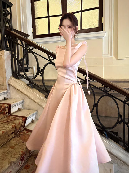 Einfaches, knöchellanges, rosa Satin-Abendkleid in A-Linie mit Rundhalsausschnitt – perfekt für den 17. Geburtstag oder andere festliche Anlässe (AB2498)