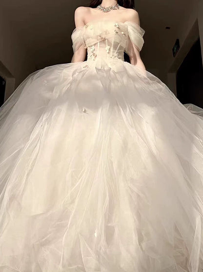 Robe de bal princesse épaules dénudées en tulle champagne, inspiration robes de soirée longues, tenues pour un 20e anniversaire AB2237