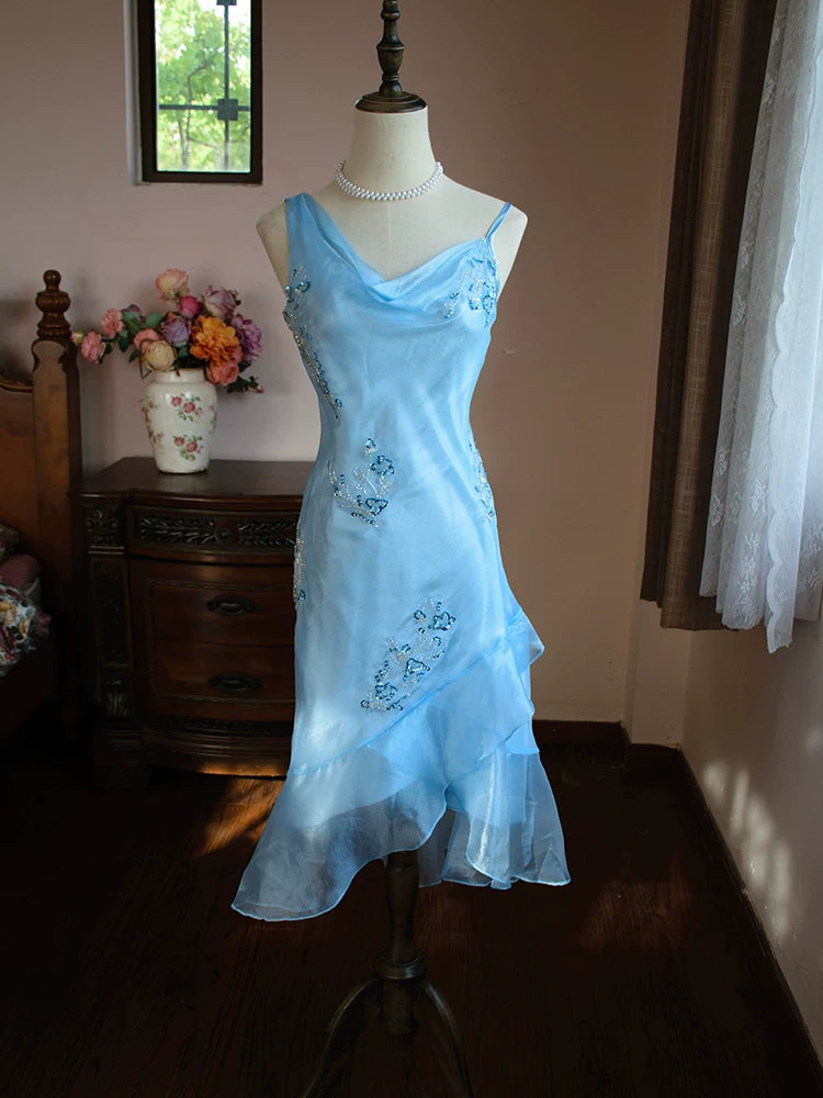 Vintage Meerjungfrauen-Abendkleid aus den 1980er Jahren, knielang, blau mit Perlen, Inspiration für Partys, Abendkleider, Outfits zum 18. Geburtstag AB2373