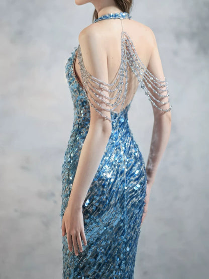 Elegantes, blaues Paillettenkleid im Meerjungfrauenstil mit V-Ausschnitt – Inspiration für lange Party- und Abendkleider zum 20. Geburtstag AB2338