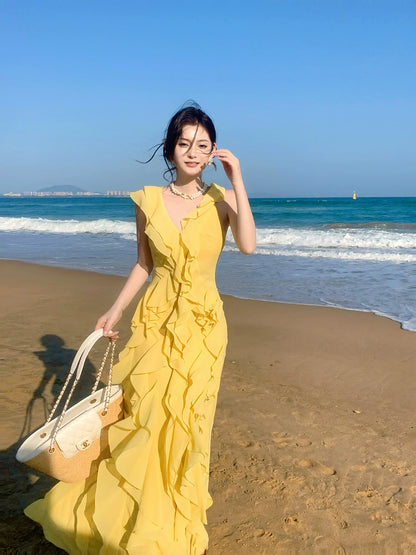 Elegantes, gelbes Chiffon-Abendkleid in A-Linie mit V-Ausschnitt und mehreren Lagen, langes Abendkleid für den 16. Geburtstag, AB2413