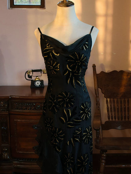 Vintage Meerjungfrauen-Abendkleid aus schwarzem Chiffon aus den 1960er Jahren – Inspiration für lange Partykleider und Outfits zum 18. Geburtstag AB2387
