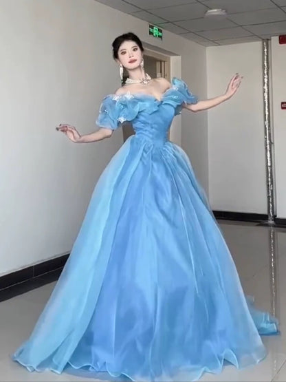 Robe de bal princesse épaules dénudées bleue, inspiration robes de soirée longues, tenues pour un 20e anniversaire AB2240