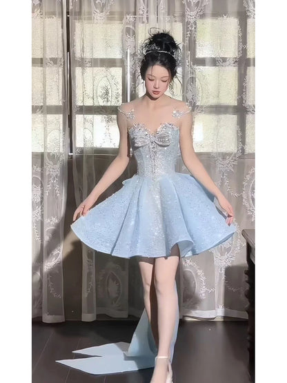 Robe de bal à paillettes bleues décolletées en cœur, courte, idéale pour un 16e anniversaire, une soirée de retrouvailles ou un cocktail (AB2242)
