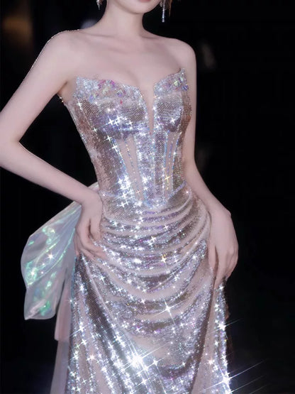 Robe de bal sirène sans bretelles à sequins et corsage perlé, inspiration robe de soirée longue, tenue pour un 20e anniversaire AB2249