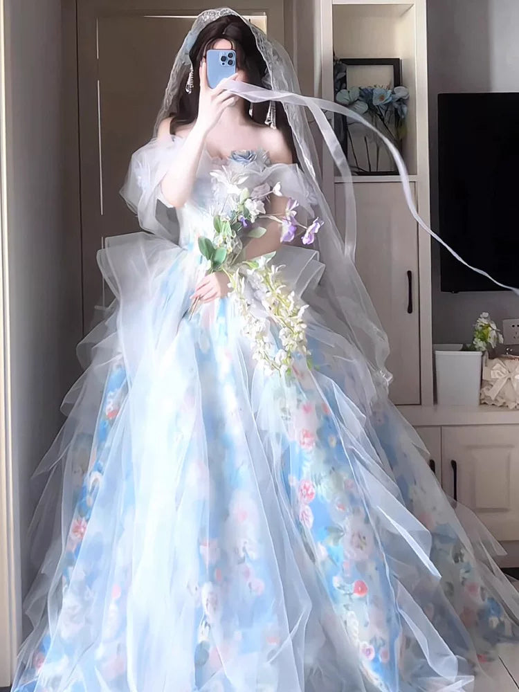 Einzigartiges schulterfreies blaues Ballkleid mit kurzen Ärmeln – Inspiration für Abschlussballkleider, Partykleider, Abendkleider, Outfits zum 16. Geburtstag AB2257