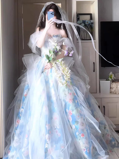 Einzigartiges schulterfreies blaues Ballkleid mit kurzen Ärmeln – Inspiration für Abschlussballkleider, Partykleider, Abendkleider, Outfits zum 16. Geburtstag AB2257