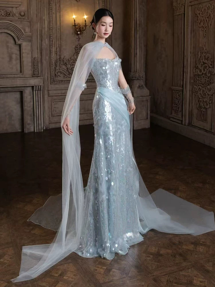Robe de bal sirène sans bretelles à sequins bleu ciel clair, inspiration robe de soirée longue pour un 19e anniversaire AB2262
