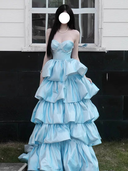 Prinzessinnen-Ballkleid mit herzförmigem Ausschnitt, blauem Stufenoberteil, Inspiration für lange Partykleider, Abendkleider zum 20. Geburtstag AB2250