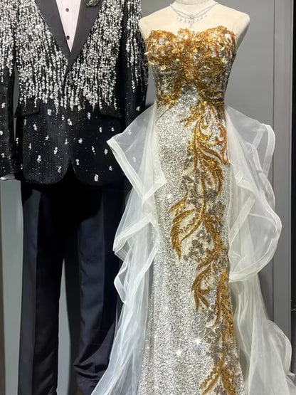 Robe de bal sirène scintillante à décolleté cœur et sequins dorés - Inspiration robes de soirée longues - Tenues pour un 19e anniversaire AB2260