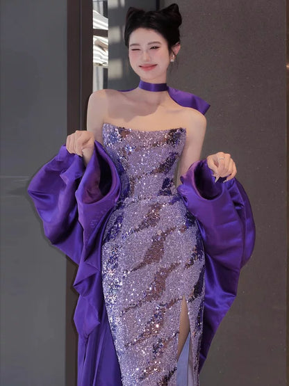Robe de bal sirène bustier à paillettes violettes, inspiration robe de soirée longue, tenue pour un 20e anniversaire AB2258
