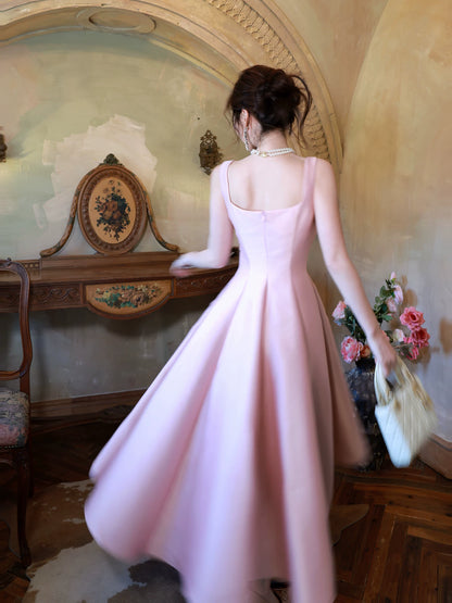 Robe de bal élégante en satin rose, coupe trapèze, col carré, longueur cheville, idéale pour une soirée d'anniversaire ou un 17e anniversaire (AB2444)