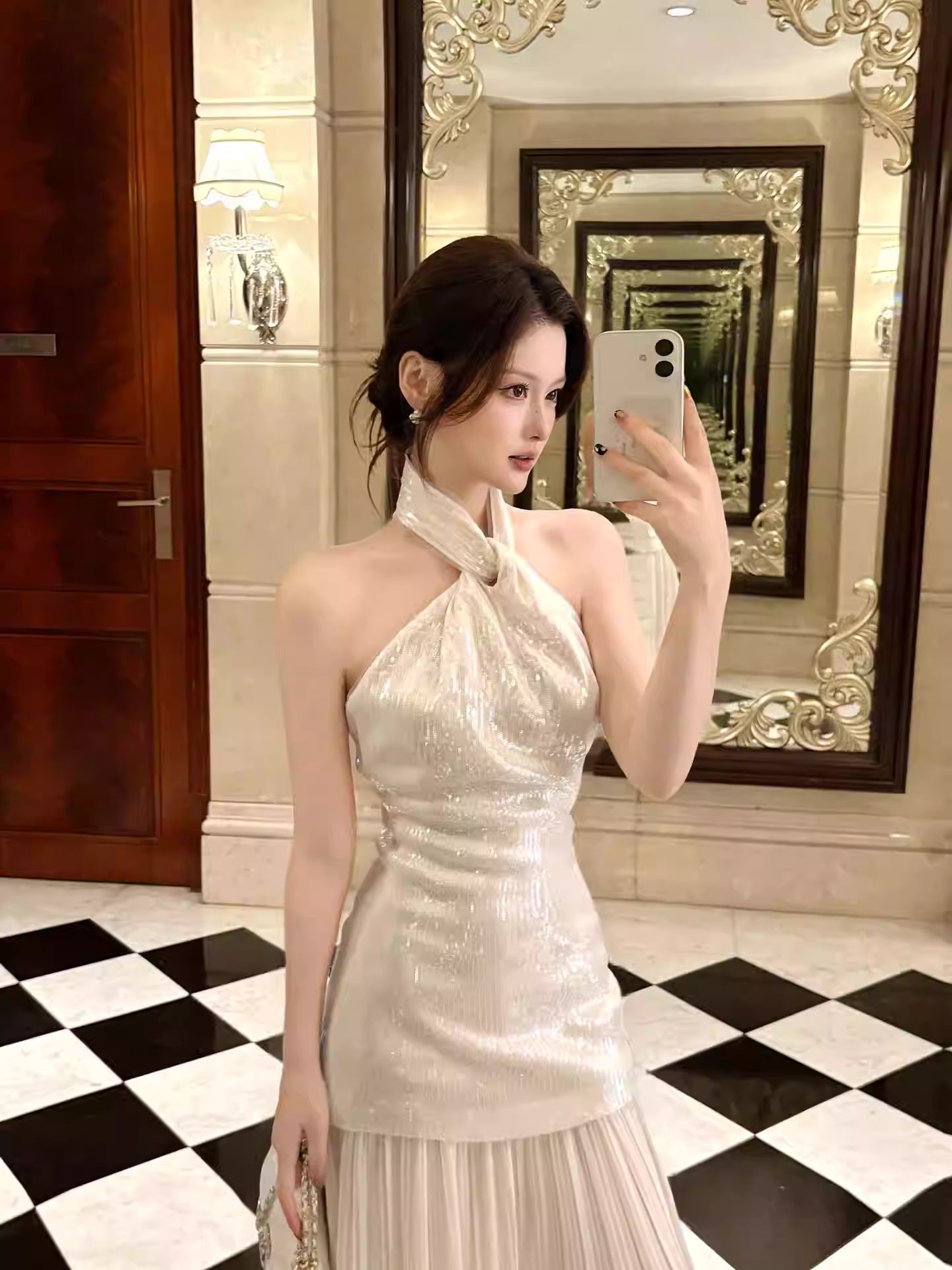 Elegantes Meerjungfrauen-Halterkleid in Elfenbein, knöchellang, für Abschlussball, 17. Geburtstag, Party, AB2484