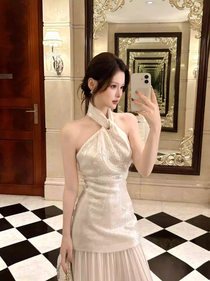 Elegantes Meerjungfrauen-Halterkleid in Elfenbein, knöchellang, für Abschlussball, 17. Geburtstag, Party, AB2484
