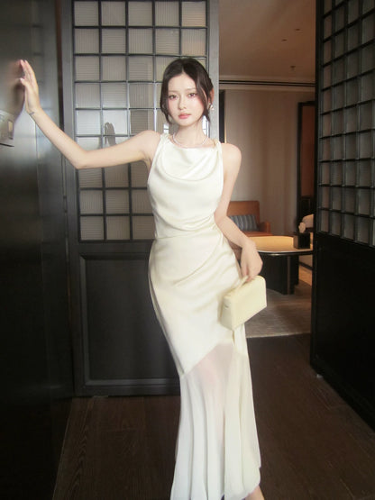 Robe de bal longue en satin satiné, col bénitier sirène, longueur cheville, idéale pour une soirée d'anniversaire ou un événement festif (AB2414)