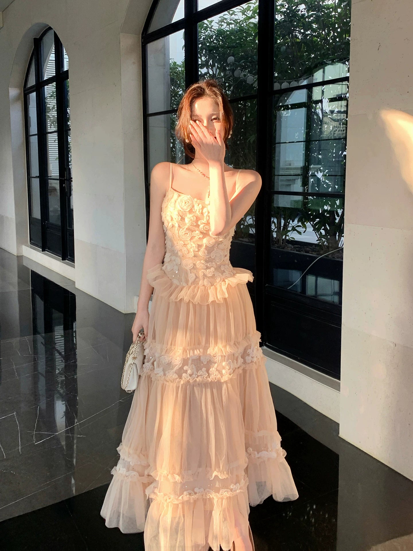 Robe de bal rose en dentelle, coupe trapèze, bretelles spaghetti, longueur cheville, idéale pour un mariage, une fête de 20 ans ou un anniversaire (AB2434)