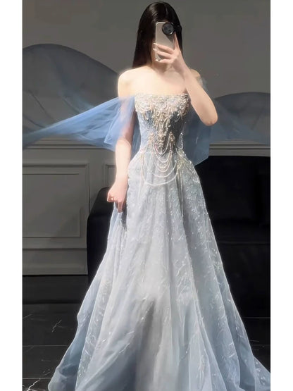 Robe de bal longue à sequins, coupe trapèze, épaules dénudées, style tendance pour adolescentes, robe de soirée, robe de bal AB2229