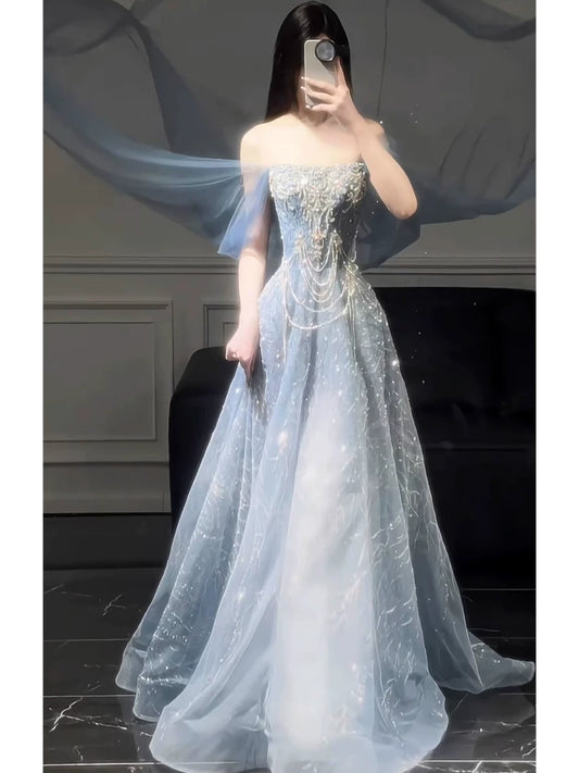 Robe de bal longue à sequins, coupe trapèze, épaules dénudées, style tendance pour adolescentes, robe de soirée, robe de bal AB2229