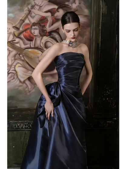 Robe de bal sirène bleu marine sans bretelles et plissée, inspiration robe de soirée longue pour un 19e anniversaire AB2268