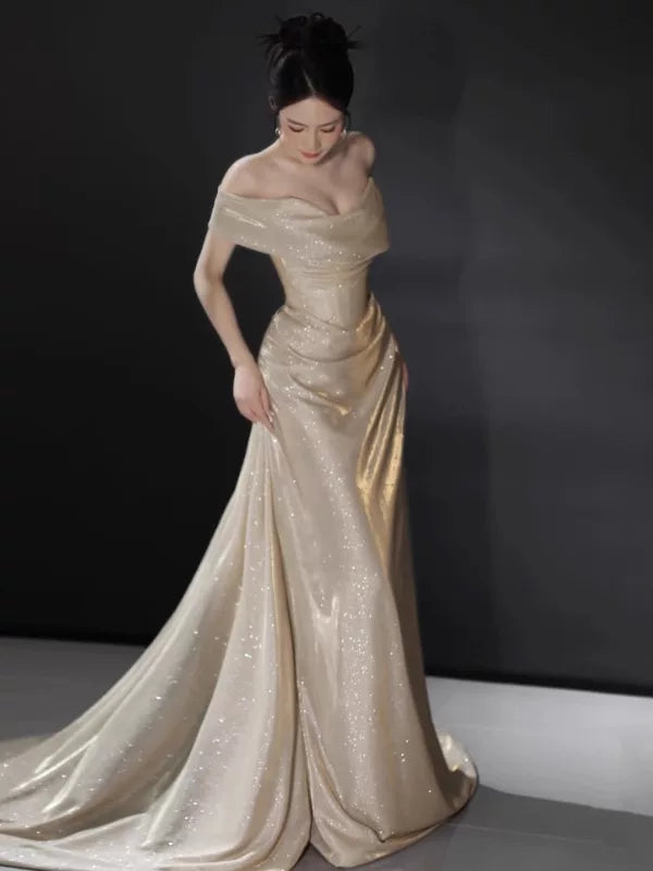 Sexy Meerjungfrauen-Abendkleid mit schulterfreiem, champagnerfarbenem Paillettenbesatz – perfekt für Abschlussball, Party, 16. Geburtstag oder Schulabschluss (AB2244)