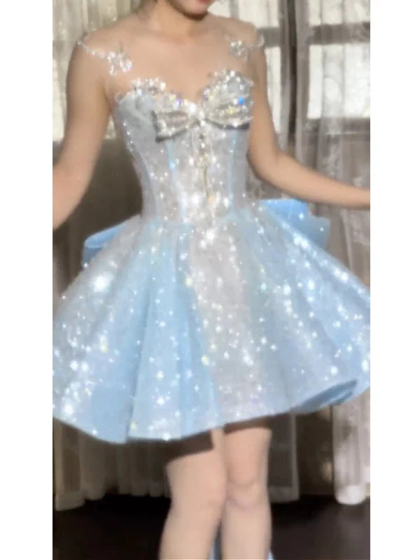 Robe de bal à paillettes bleues décolletées en cœur, courte, idéale pour un 16e anniversaire, une soirée de retrouvailles ou un cocktail (AB2242)
