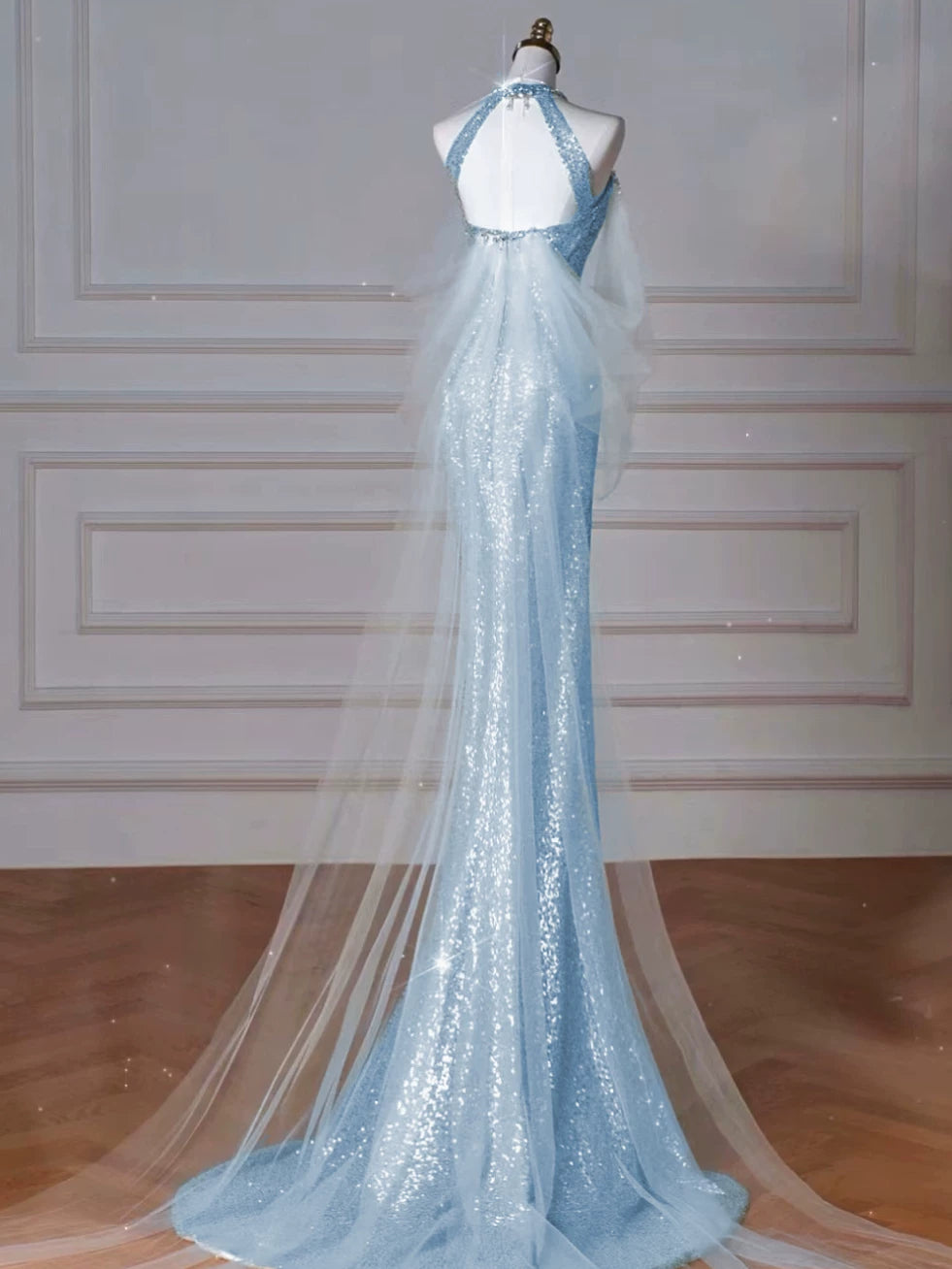 Robe de bal sirène modeste à col montant et sequins bleus, inspiration robe de soirée longue pour un 19e anniversaire AB2273