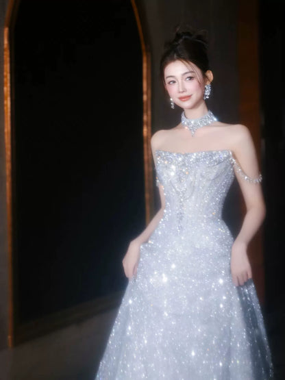 Robe de bal princesse bustier bleu à sequins, inspiration robe de soirée longue, tenue pour un 20e anniversaire AB2251