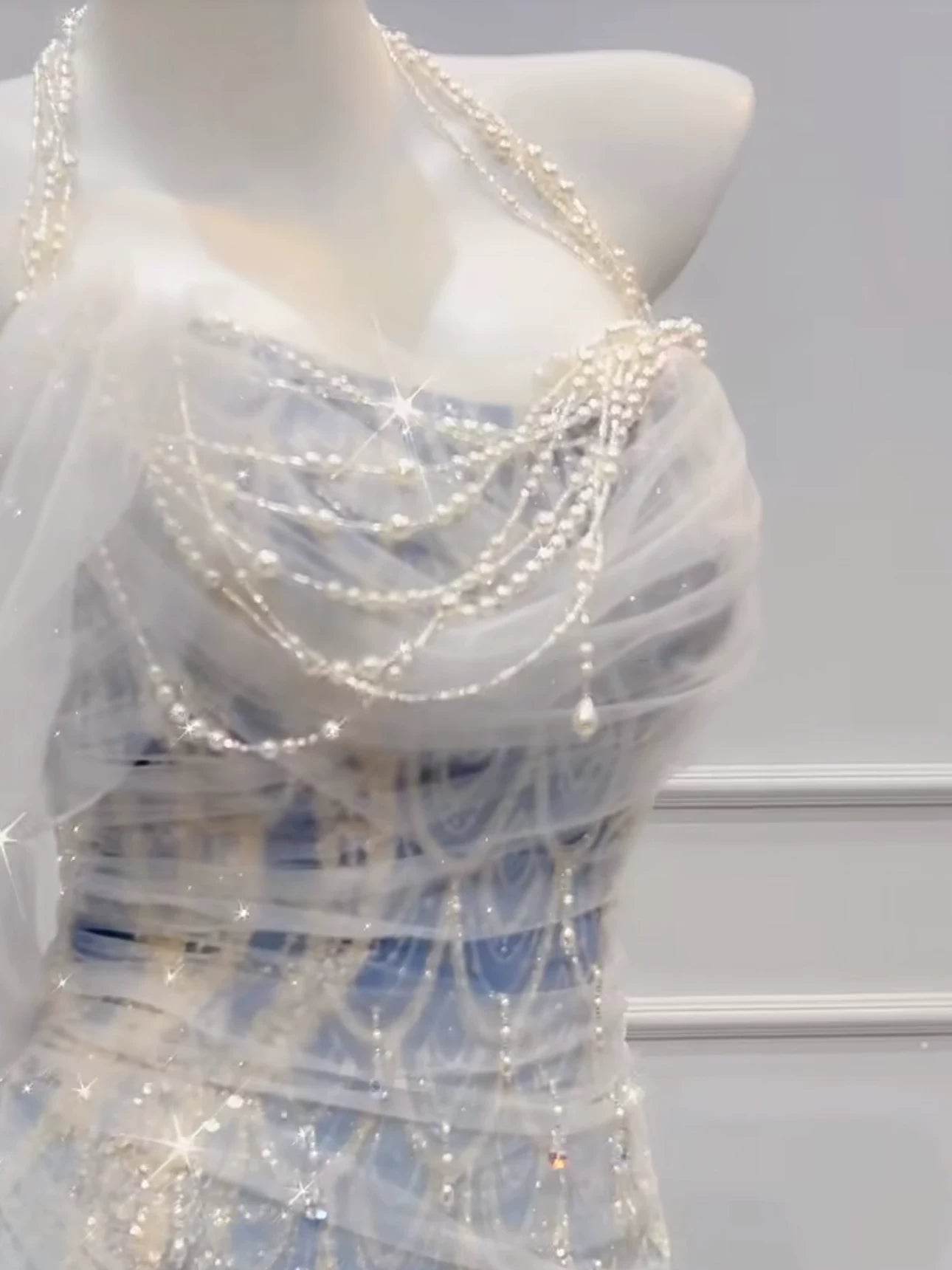 Robe de bal sirène modeste, épaules dénudées, en tulle bleu orné de perles, inspiration robe de soirée longue pour un 21e anniversaire AB2289