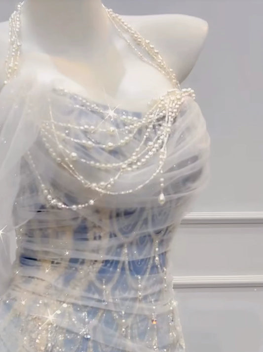 Elegantes, schulterfreies Meerjungfrauen-Abendkleid aus blauem Tüll mit Perlen – Inspiration für lange Partykleider und Outfits zum 21. Geburtstag AB2289