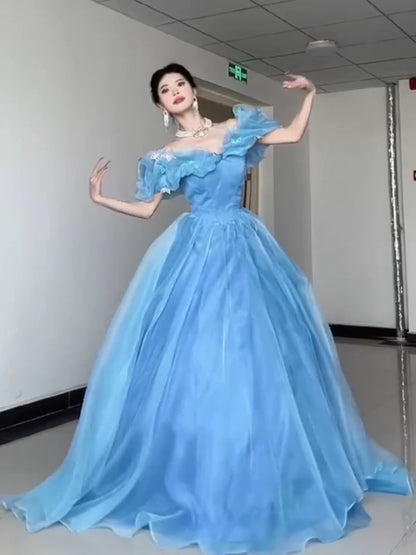 Robe de bal princesse épaules dénudées bleue, inspiration robes de soirée longues, tenues pour un 20e anniversaire AB2240