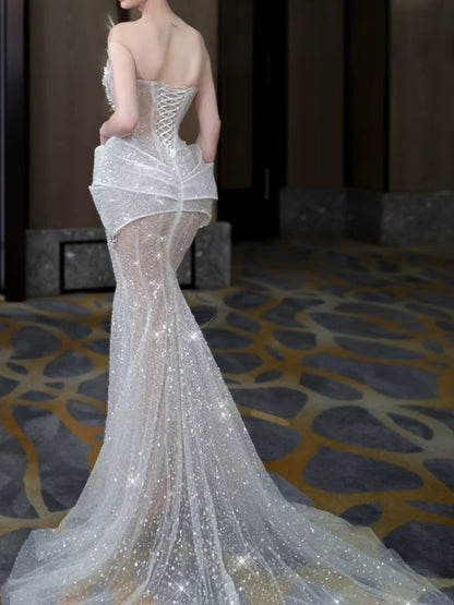 Robe de bal sirène modeste à col rond, ornée de sequins et de perles argentées, inspiration robe de soirée longue pour un 19e anniversaire AB2275