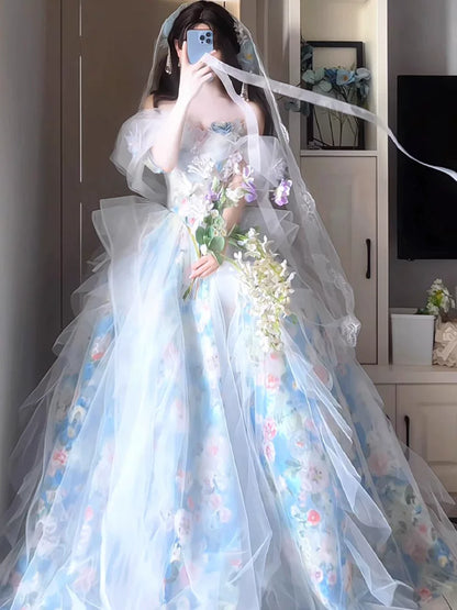 Einzigartiges schulterfreies blaues Ballkleid mit kurzen Ärmeln – Inspiration für Abschlussballkleider, Partykleider, Abendkleider, Outfits zum 16. Geburtstag AB2257