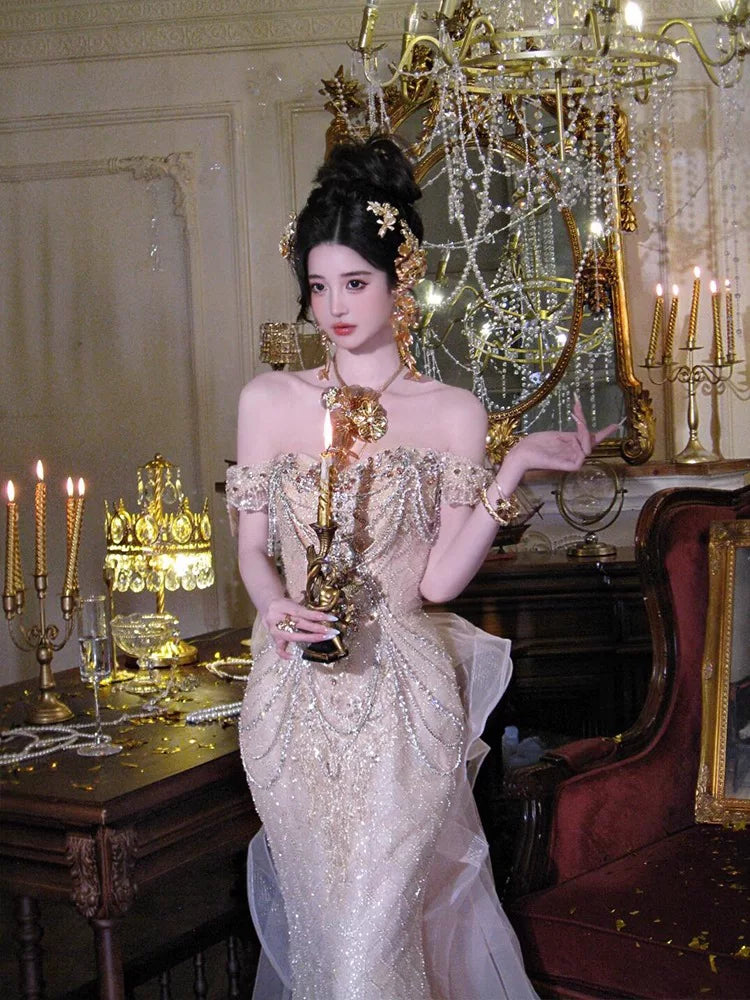 Sexy Meerjungfrauen-Abendkleid mit schulterfreiem, champagnerfarbenem Paillettenbesatz, langes Kleid, Partykleid, Outfit für den 16. Geburtstag, Abschlusskleid AB2243