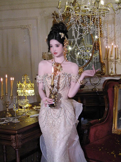 Sexy Meerjungfrauen-Abendkleid mit schulterfreiem, champagnerfarbenem Paillettenbesatz, langes Kleid, Partykleid, Outfit für den 16. Geburtstag, Abschlusskleid AB2243