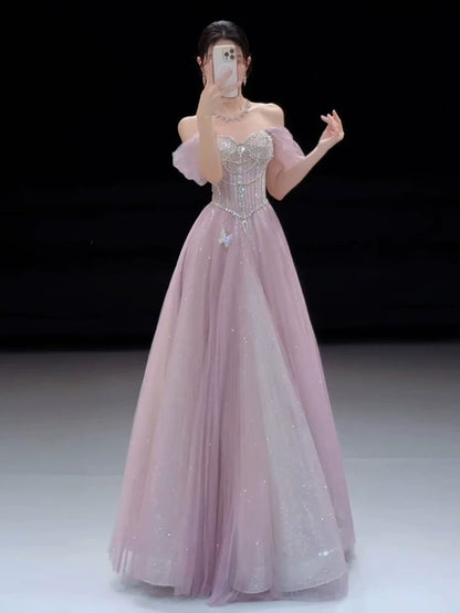 Funkelndes, trägerloses, pinkfarbenes Paillettenkleid in A-Linie – Inspiration für lange Partykleider und Abendkleider zum 20. Geburtstag AB2253