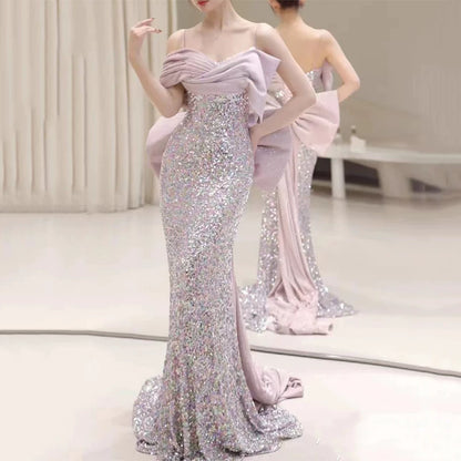 Elegantes Meerjungfrauen-Abendkleid mit Spaghettiträgern und lila Pailletten – Inspiration für lange Partys und den 19. Geburtstag (AB2320)