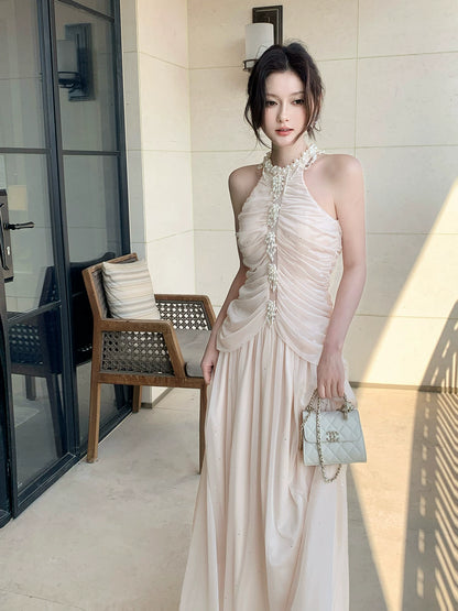 Robe de bal longue sirène élégante en mousseline rose, dos nu, plissée et sans manches, idéale pour une soirée d'anniversaire ou un 16e anniversaire (AB2438)