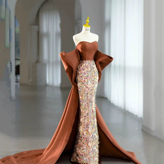 Robe de bal sirène bustier à sequins floraux marron, inspiration robe de soirée longue pour un 19e anniversaire AB2323