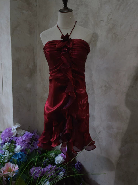 Vintage Sheath Halter Burgundy Short Cocktail Dress 16th Birthday Outfits Homecoming Dresses Night Party Gown AB2382