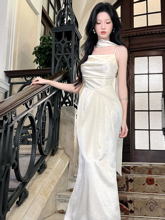Modest A Line Spaghetti Straps Ivory Satin Long With Scarf Prom Dresses Wedding Guest Dress 16th Birthday Outfits AB2449