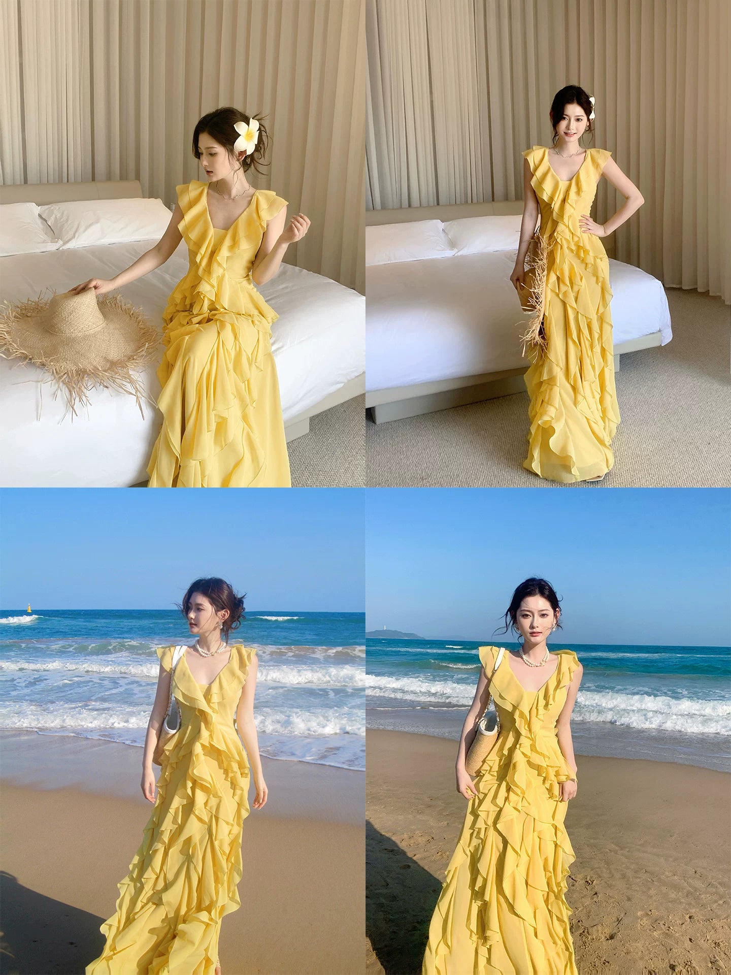Elegantes, gelbes Chiffon-Abendkleid in A-Linie mit V-Ausschnitt und mehreren Lagen, langes Abendkleid für den 16. Geburtstag, AB2413