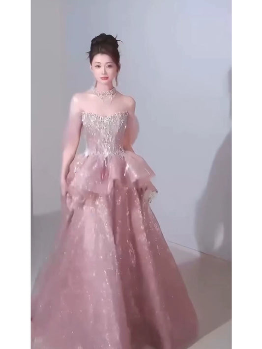 Robe de bal longue à paillettes roses sans bretelles, coupe trapèze, collection 2026 - Inspiration robes de soirée longues - Tenues pour un 19e anniversaire AB2266