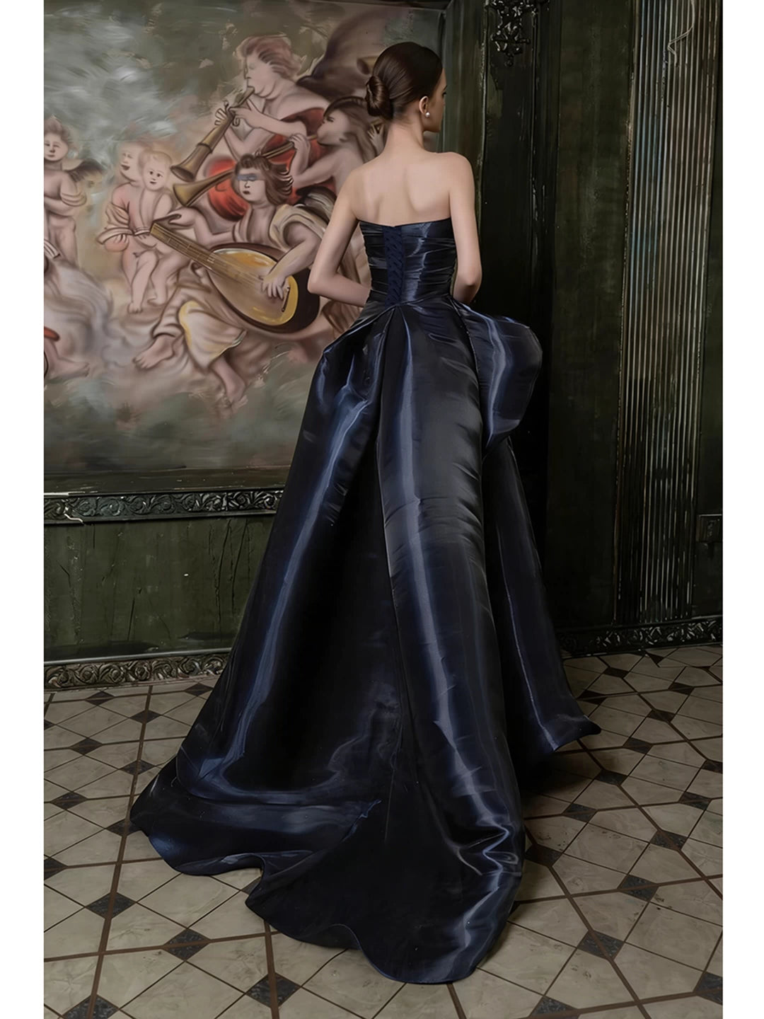 Robe de bal sirène bleu marine sans bretelles et plissée, inspiration robe de soirée longue pour un 19e anniversaire AB2268