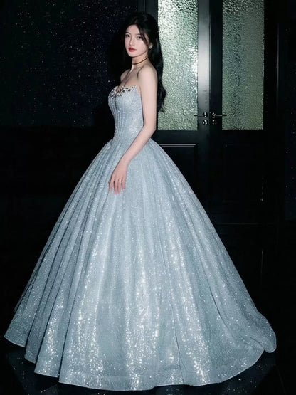 Robe de bal scintillante 2026, sans bretelles, sequins bleus, inspiration pour les bals de fin d'année, robes de soirée longues, tenues pour un 19e anniversaire AB2265