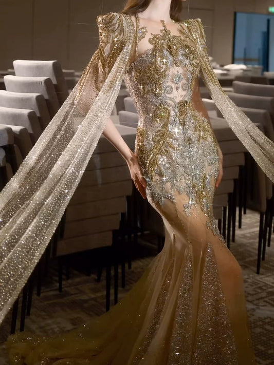 Luxurious Wedding Dresses Mermaid Scoop Neck Long Sleeves Gold With Sleeves Cape Sequins Brides Dress For Fitted Bridal Gowns AB2283