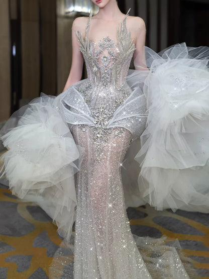 Robe de bal sirène modeste à col rond, ornée de sequins et de perles argentées, inspiration robe de soirée longue pour un 19e anniversaire AB2275
