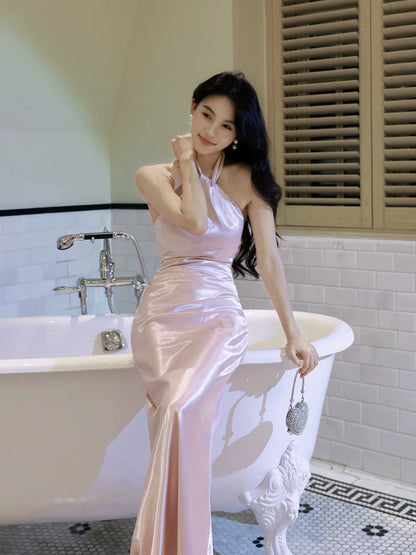 Robe de bal chic en satin rose satiné, coupe fourreau, dos nu, longueur cheville, idéale pour une remise de diplôme ou un 18e anniversaire (N098)