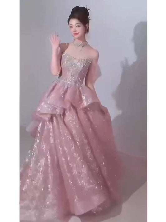 Robe de bal longue à paillettes roses sans bretelles, coupe trapèze, collection 2026 - Inspiration robes de soirée longues - Tenues pour un 19e anniversaire AB2266