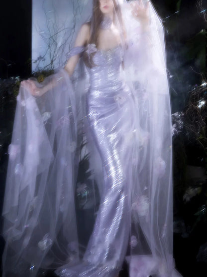 Robe de bal sirène bustier lilas à fente et sequins, inspiration robe de soirée longue pour un 21e anniversaire AB2288